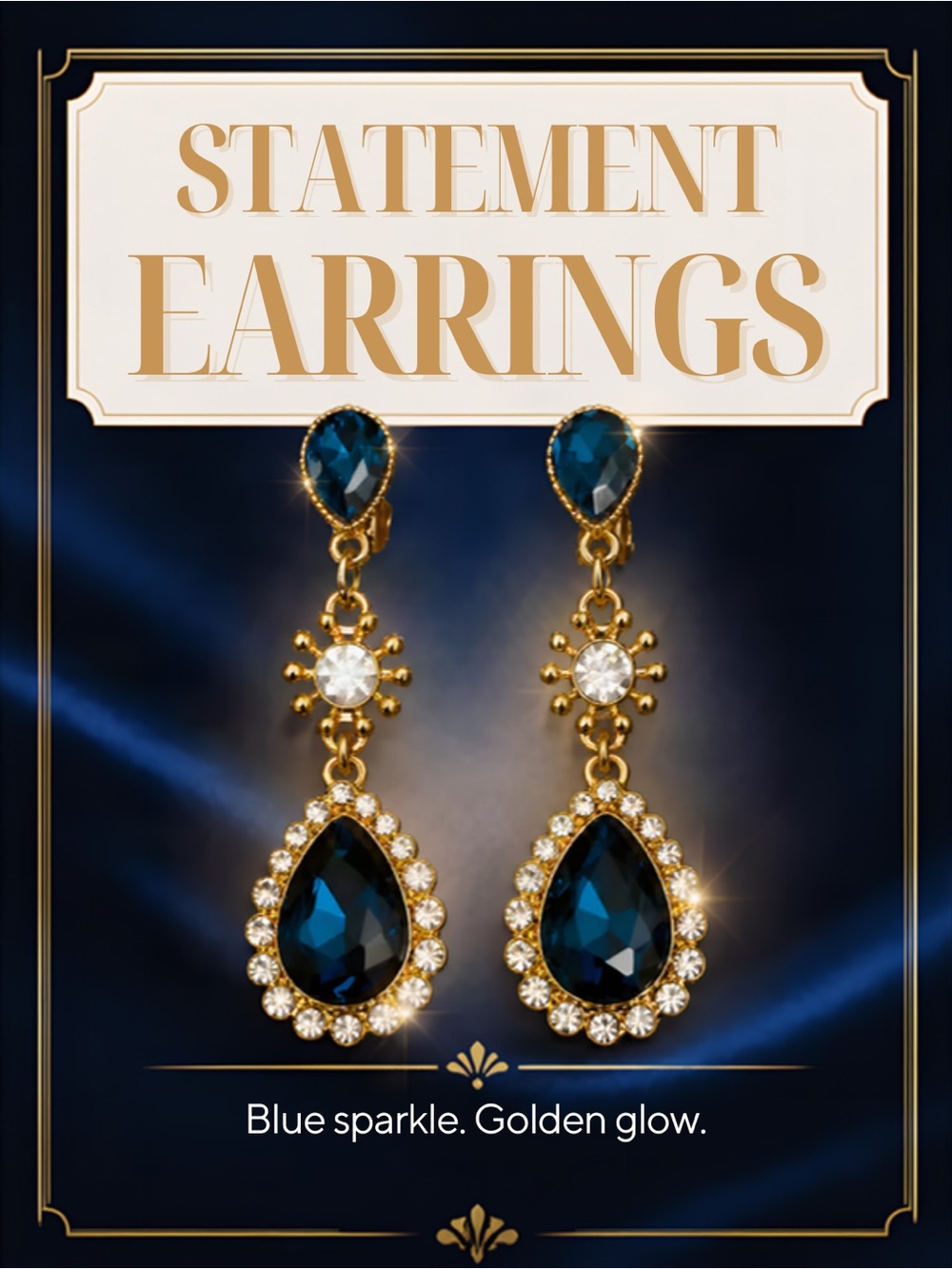 Pastel Collection Elegant Gold Drop Clip On Earrings with Blue Teardrop Gemstone